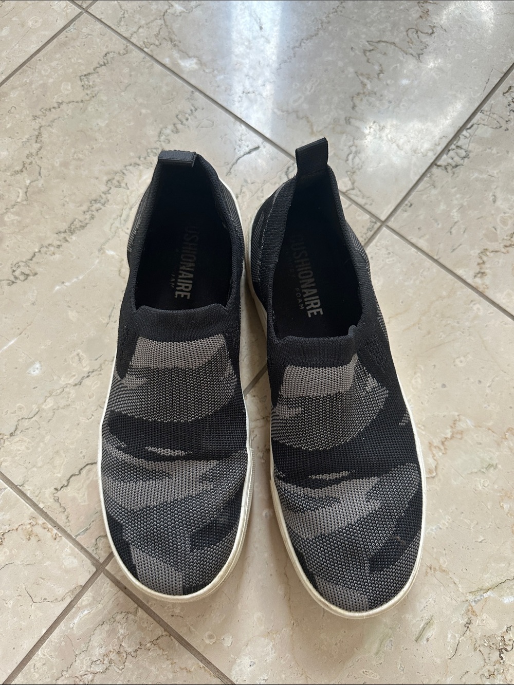 Cushionaire Women’s Slip-On Knit Sneakers in Black and Gray
